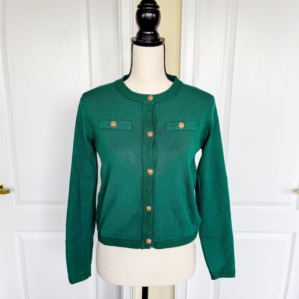 SHEIN Green Button Cardigan Gold Button Textured Collar Long Sleeve Women's XS